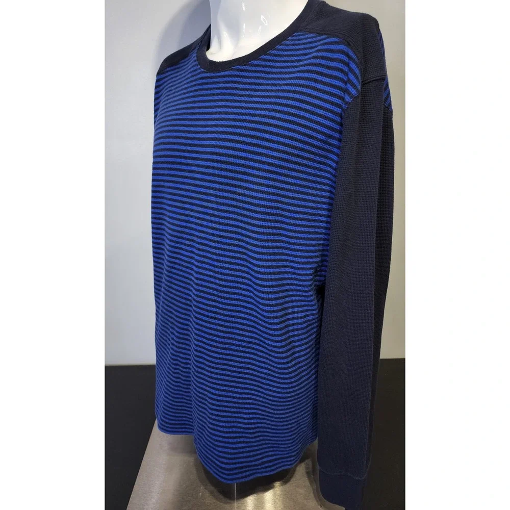 Banana Republic Men Waffle Size XL Shirt  Black Blue Stripe Crew Neck Longsleeve